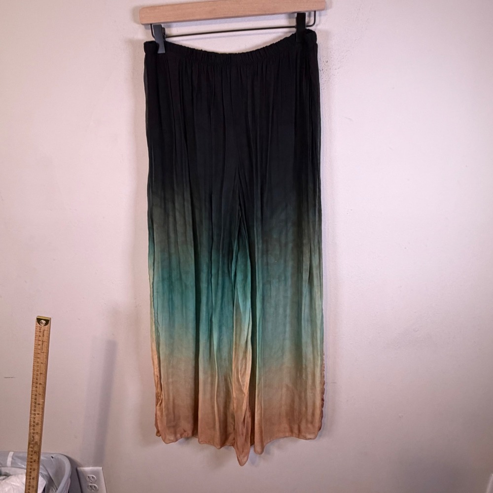 Giusy Womens Wide Leg Pants Silk Blend Ombre Black Teal Peach L Made in Italy